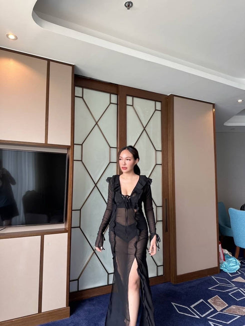 Ladies See Through Deep Neckline Ruffle Side Slit Long Dress